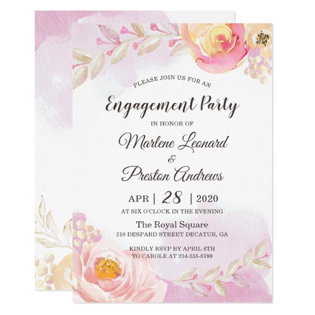 Spring Girly Pink & Gold Flowers Engagement Party Card