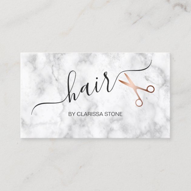 Elegant marble & rose gold scissors hairstylist business card (front side)