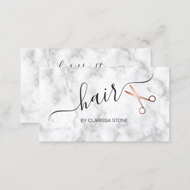 Elegant marble & rose gold scissors hairstylist business card (back side)