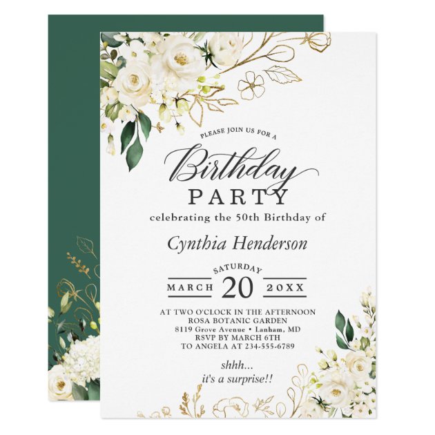 Greenery White Rose Floral Adult Birthday Party Invitation