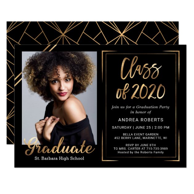 Class of 2020 Modern Black Gold Photo Graduation Invitation