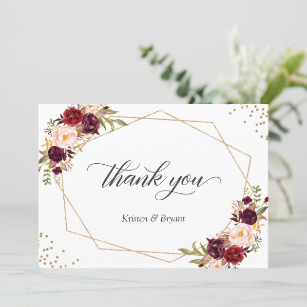 Geometric Gold Frame Burgundy Red Floral Wedding Thank You Card