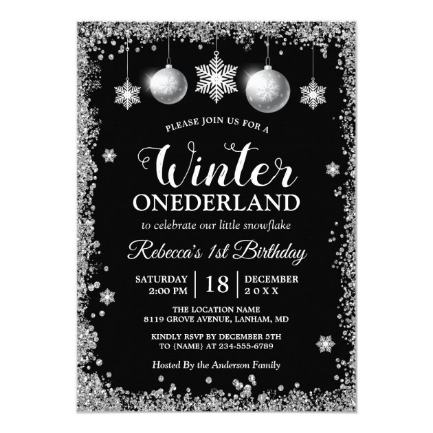 Silver Glitters Xmas ONEderland Birthday Party Card