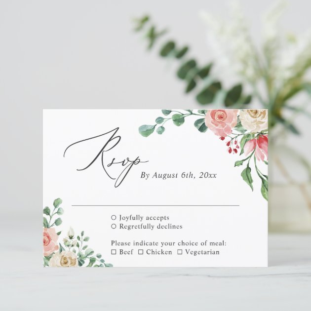 Hand Drawn Watercolor Pink Rose Floral Wedding RSVP Card