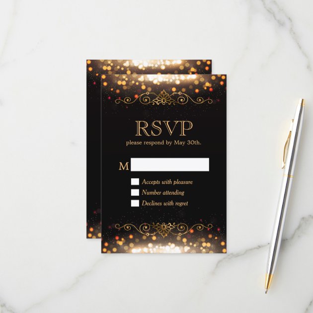 Black Gold Glitter Sparkles RSVP Respond Card