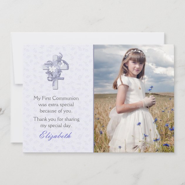 Lilac Cross with Flowers Religious Photo Thank You Card