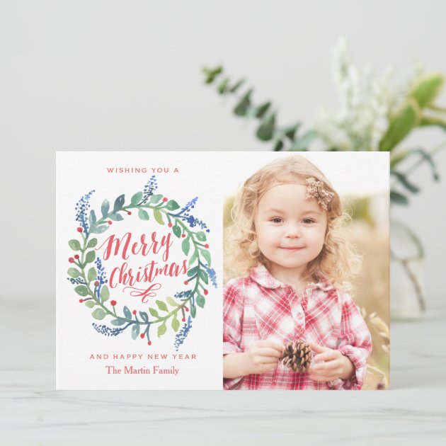Whimsical Watercolor Wreath Christmas Photo Card