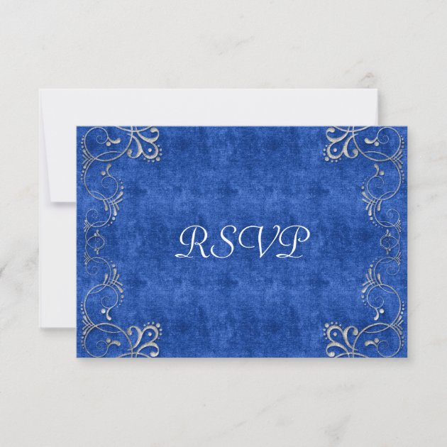 Sea Blue & White Velvet Deco Diamond Wedding RSVP Card