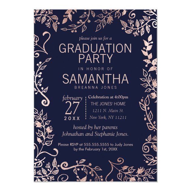 Elegant Navy Blue Rose Gold Floral Graduation Invitation