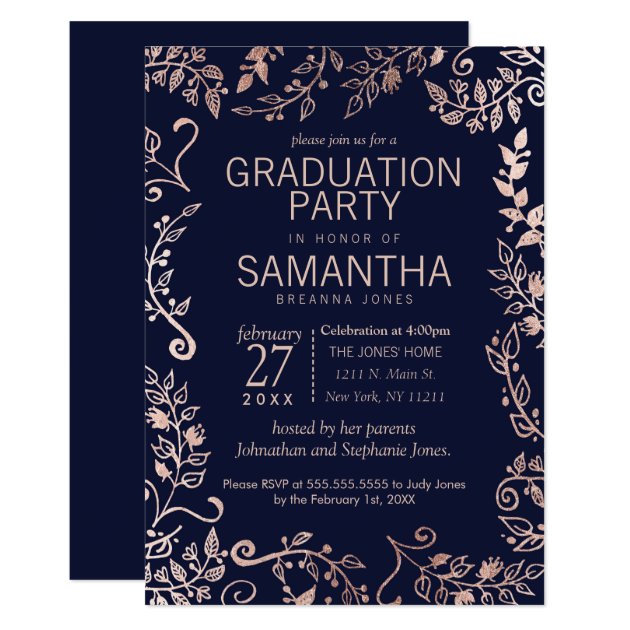 Elegant Navy Blue Rose Gold Floral Graduation Invitation