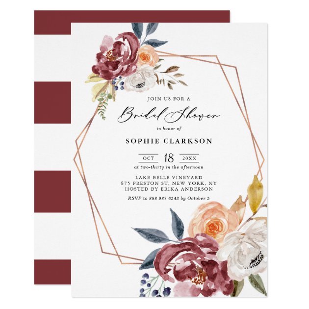 Marsala Autumn Flowers Geometric Bridal Shower Invitation