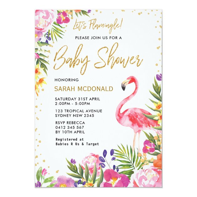 Tropical Flamingo Baby Shower Floral Invitation