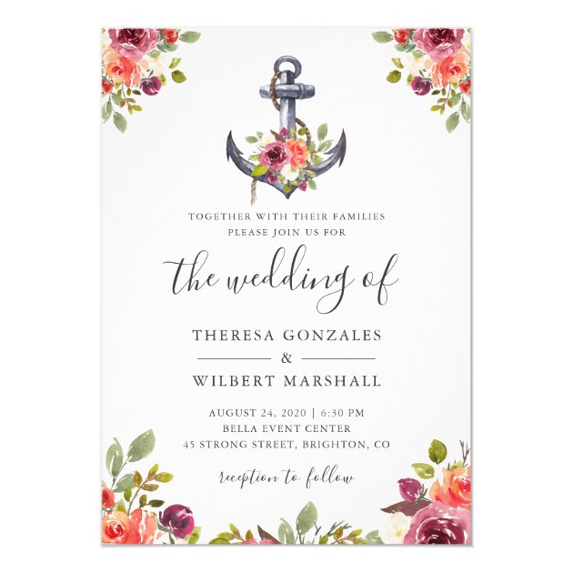 Nautical Floral Anchor Watercolor Wedding Invitation