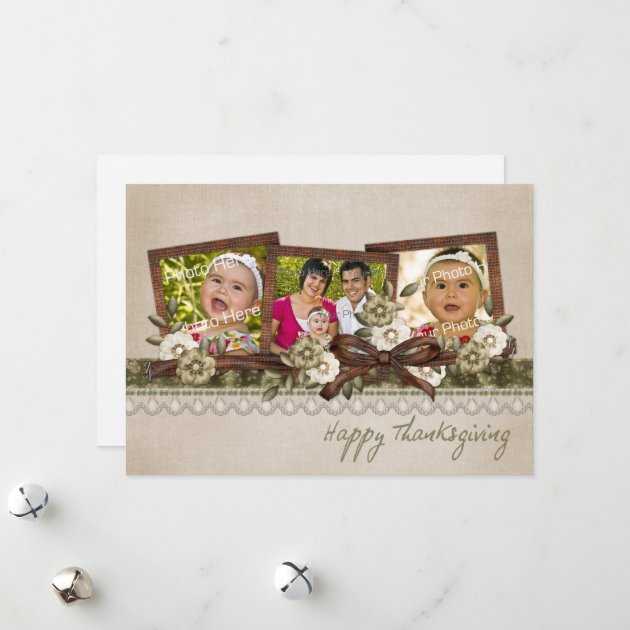 Floral Frame, Bow, Ribbon,Thanksgiving Photo Card