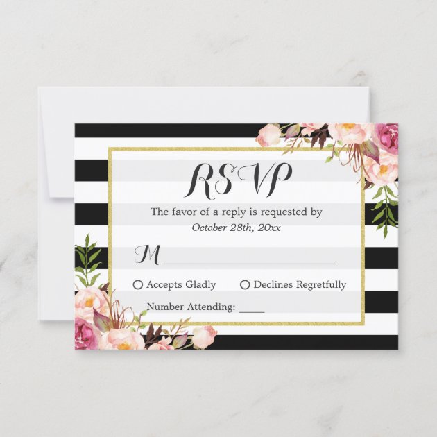 Modern Stylish Black White Stripes Floral RSVP