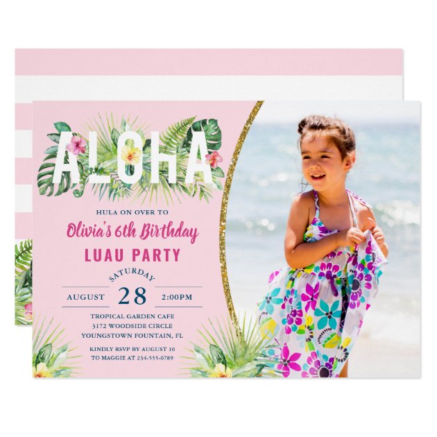 Pink Tropical Floral Aloha Luau Birthday Photo Invitation