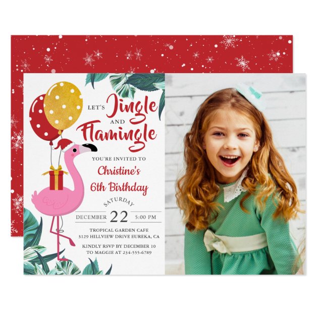 Jingle Flamingo Tropical Christmas Birthday Photo Invitation