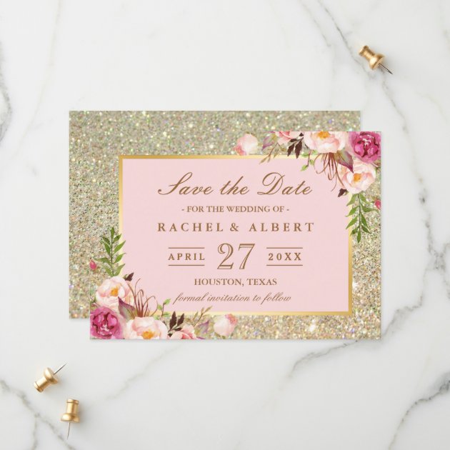 Floral Pink Gold Glitter Wedding Save The Date