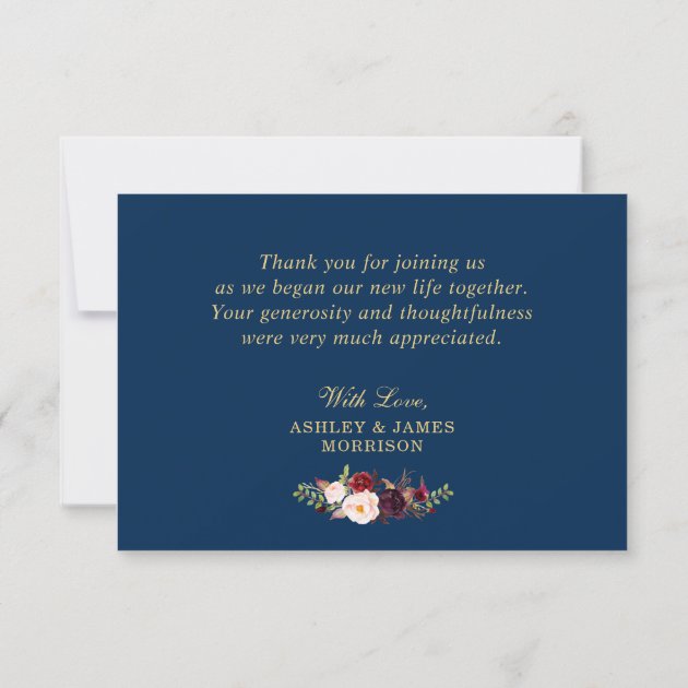 Burgundy Floral Gold Navy Blue Thank You Card
