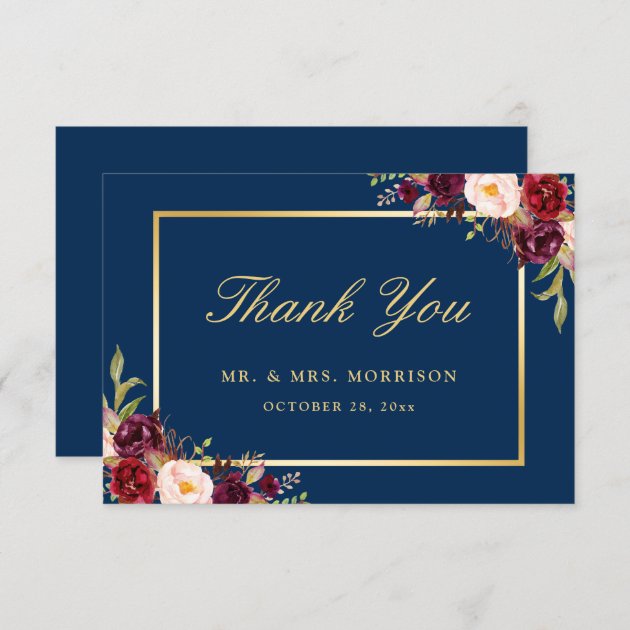 Burgundy Floral Gold Navy Blue Thank You Card