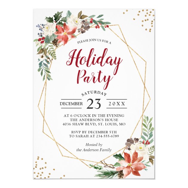 Gold Geometric Poinsettia Floral Holiday Party Invitation