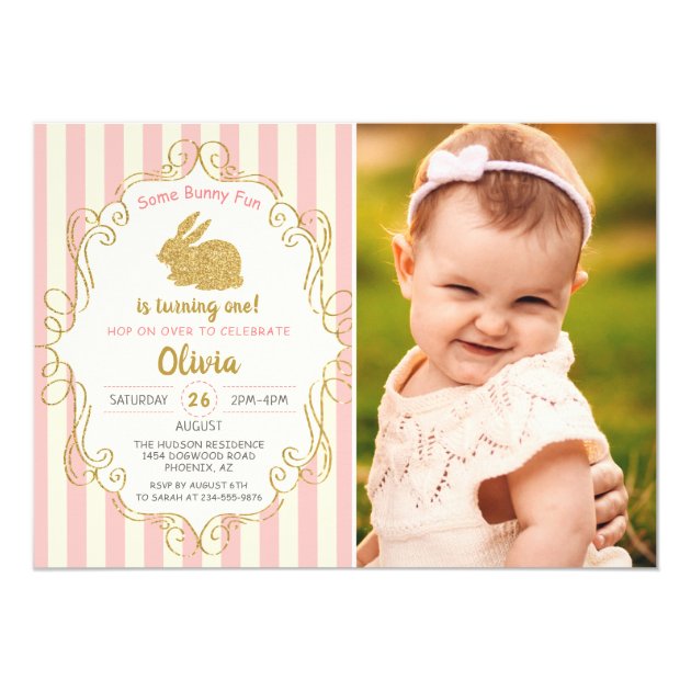 Some Bunny Pink & Gold Glitter Birthday Photo Card