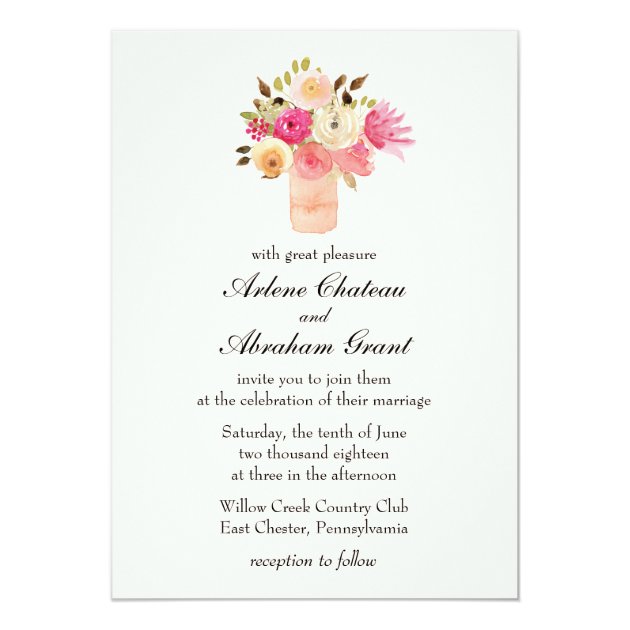 Floral Bouquet Pink Vase Wedding Invitation