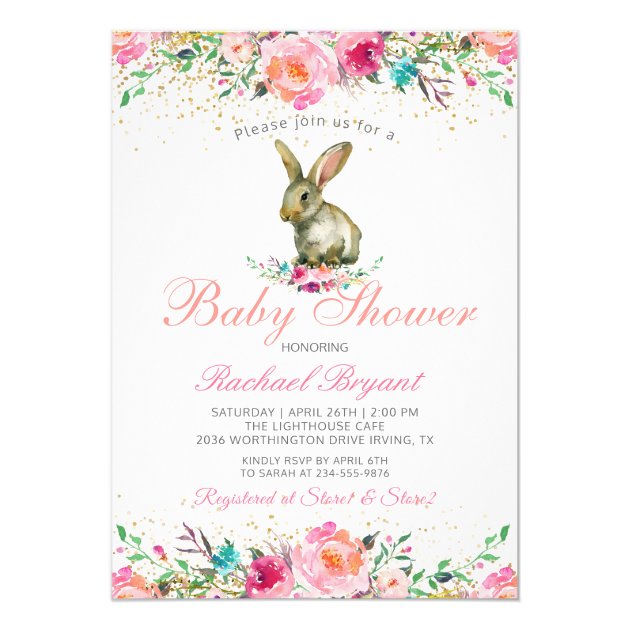 Beautiful Pink Floral Watercolor Bunny Baby Shower Invitation