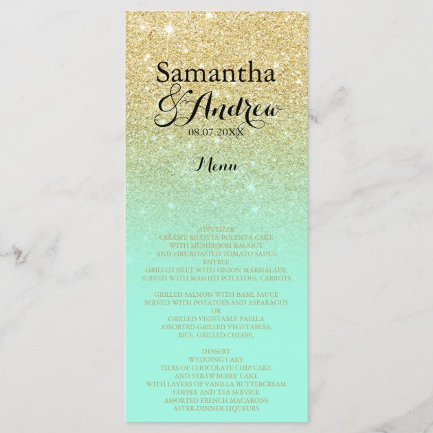 Chic Faux Gold Glitter Mint Green Wedding Menu