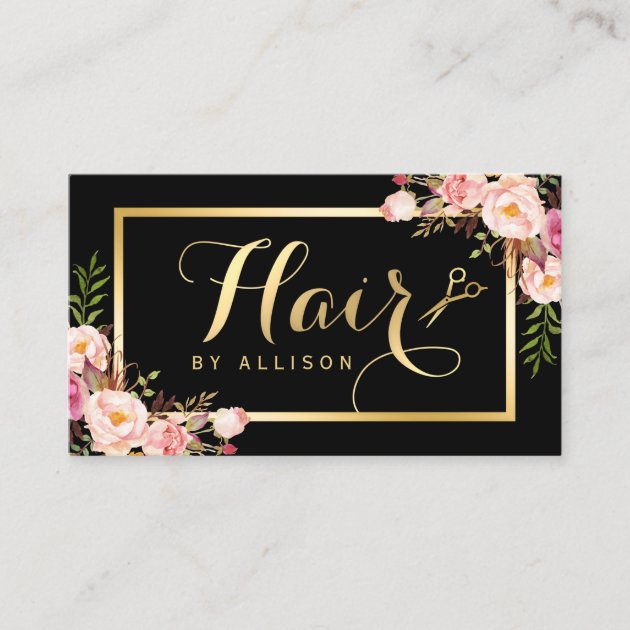 Gold Hair Stylist Scissors Trendy Girly Floral Business Card (front side)