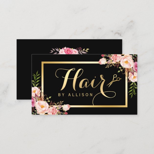 Gold Hair Stylist Scissors Trendy Girly Floral Business Card (back side)