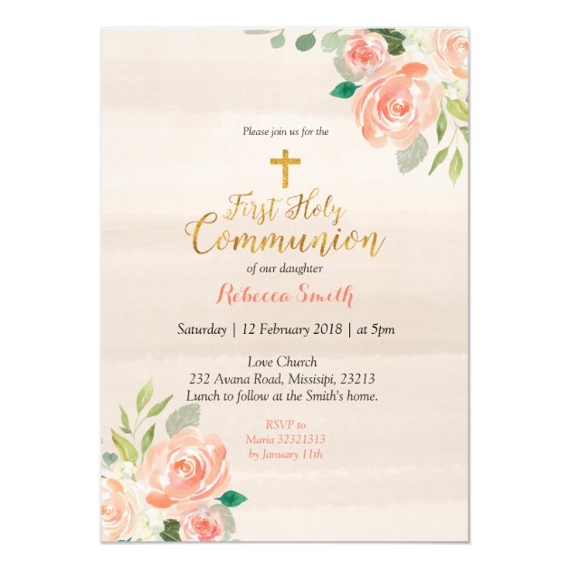 Rose Gold First Holy Communion Invitation Peach