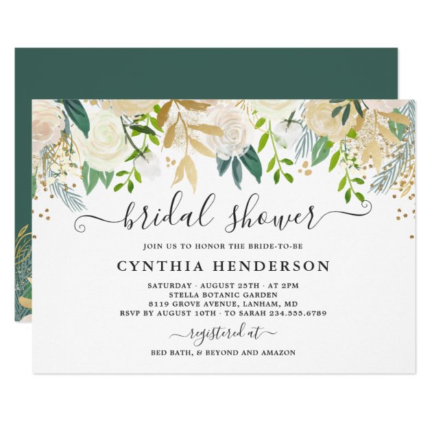 Ivory Greenery Gold Bloom Floral Bridal Shower Invitation