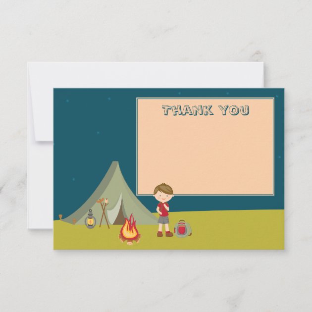 Boy's camping birthday party thank you flat cards