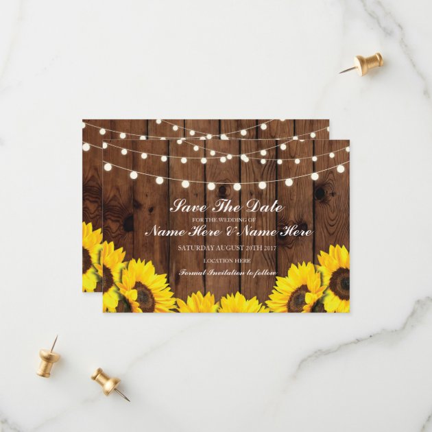 Save The Date Wood Rustic Sunflowers Lights Card