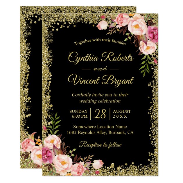 Black Gold Glitters Frame Pink Floral Glam Wedding Invitation