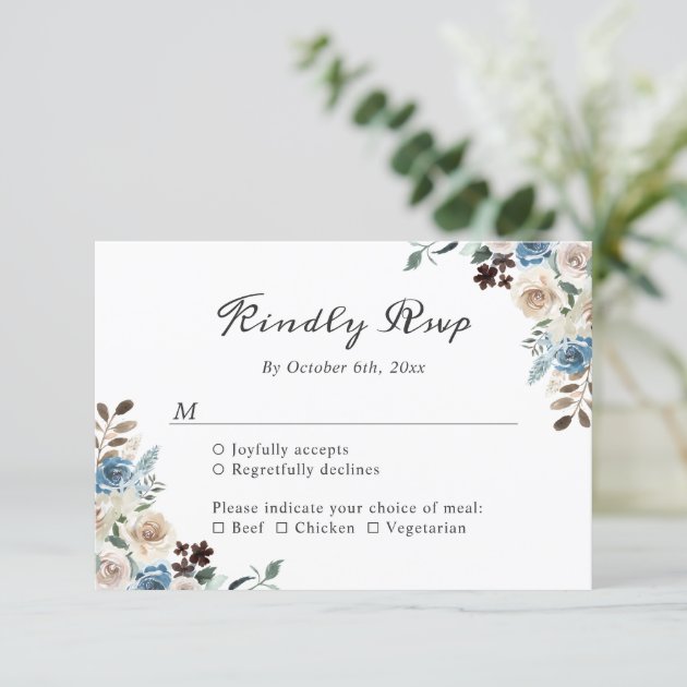 Rustic Boho Dusty Blue Floral Wedding RSVP Card