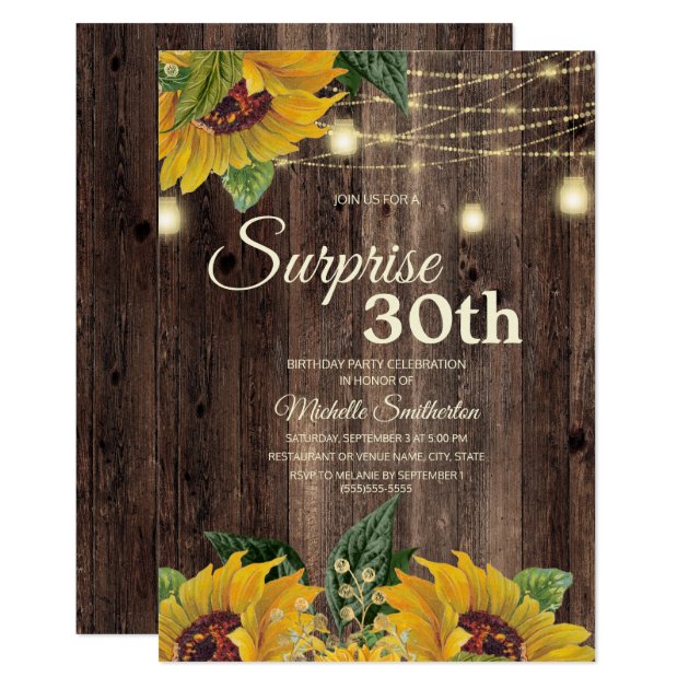 Rustic Sunflower String Light Surprise 30th Invitation