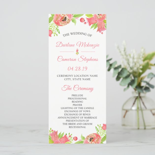 Coral Pink Flowers Spring Garden Wedding Program