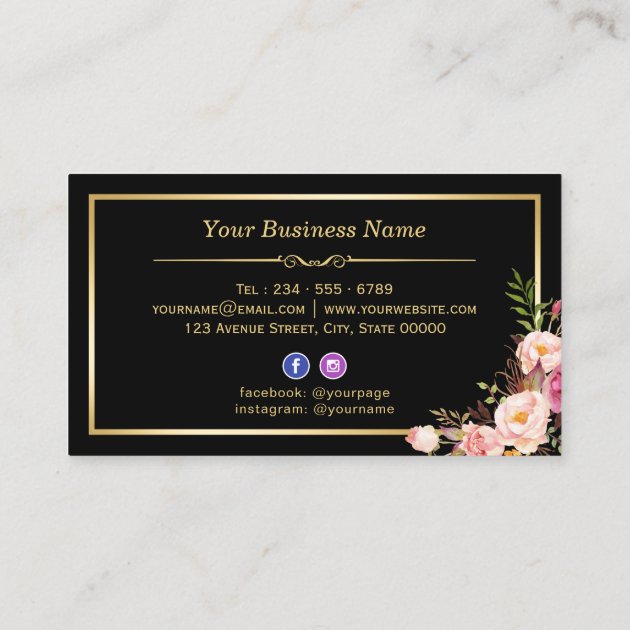 Gold Vintage Floral Black White Stripes Business Card (back side)