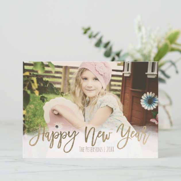Happy New Year Gold Modern Typography Photo Holiday Card