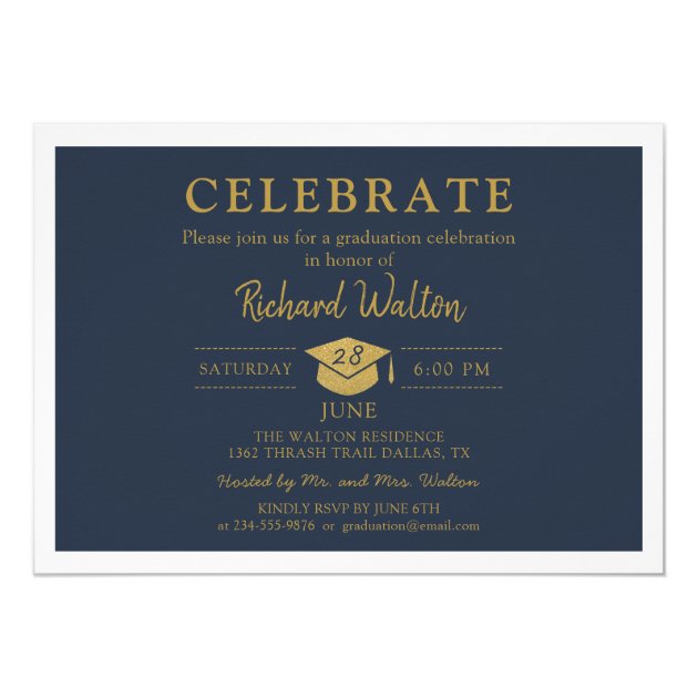 Simple Stylish Blue & Gold Photo Graduation Party Card
