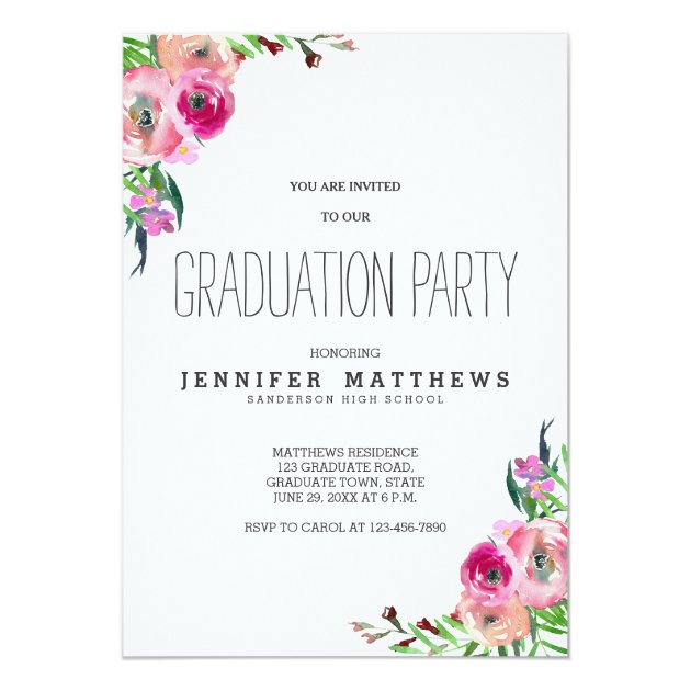 Chic Girly Floral Photo Graduation Party Invite