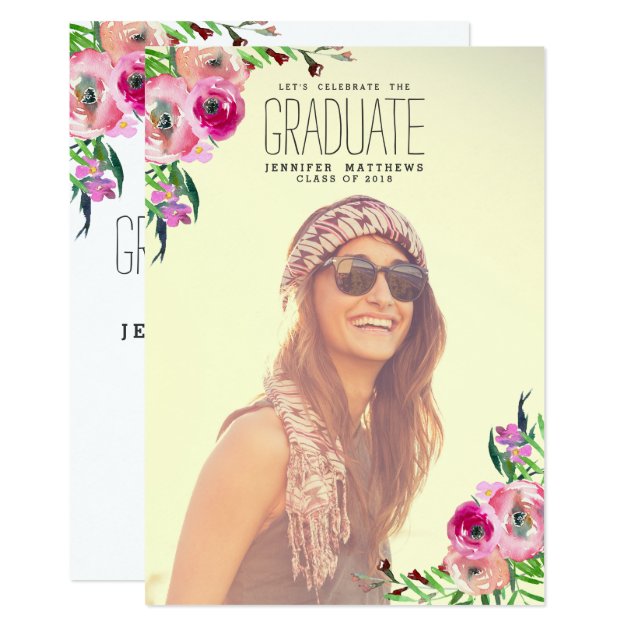 Chic Girly Floral Photo Graduation Party Invite