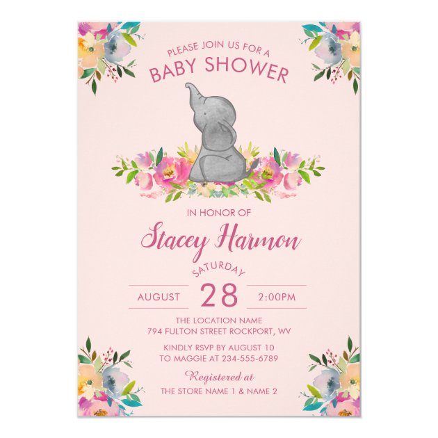 Girly Pink Floral Elephant Baby Shower Invitation