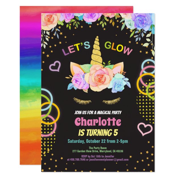 Glow in the dark party unicorn girl birthday invitation
