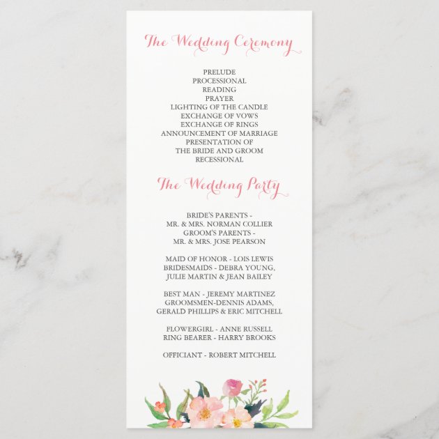 Elegant Watercolor Pink Floral Wedding Program