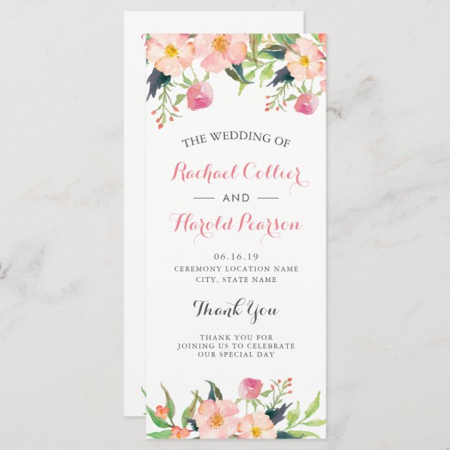 Elegant Watercolor Pink Floral Wedding Program