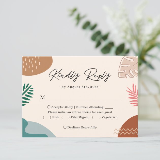 Modern Abstract Summer Tropical Leaves Wedding RSVP Card