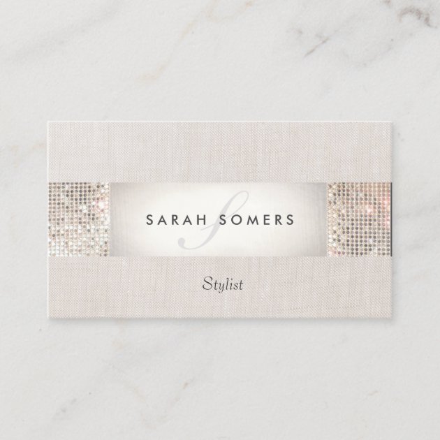 Stylish Modern Silver Sequin Monogram Beauty Business Card (front side)